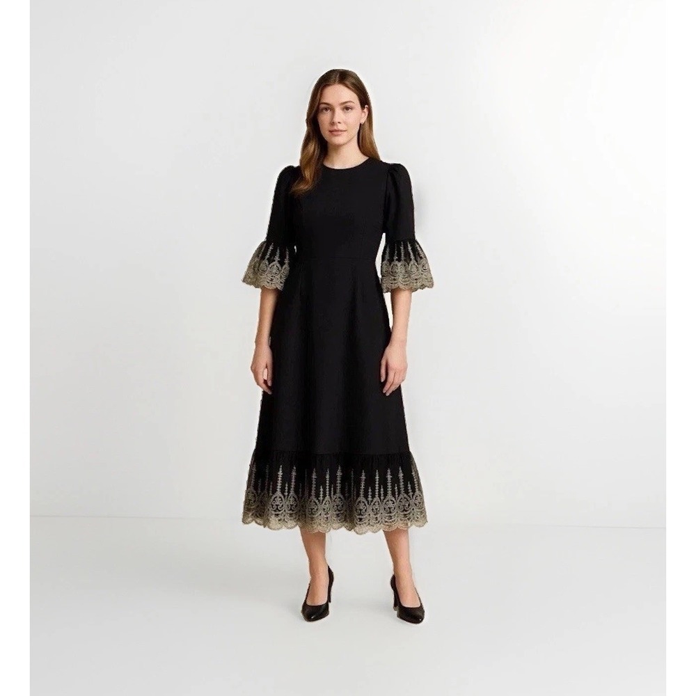 Pomander Place Lillith Midi Dress Women's Size M NWT Black Gold Lace 3/4 Sleeve